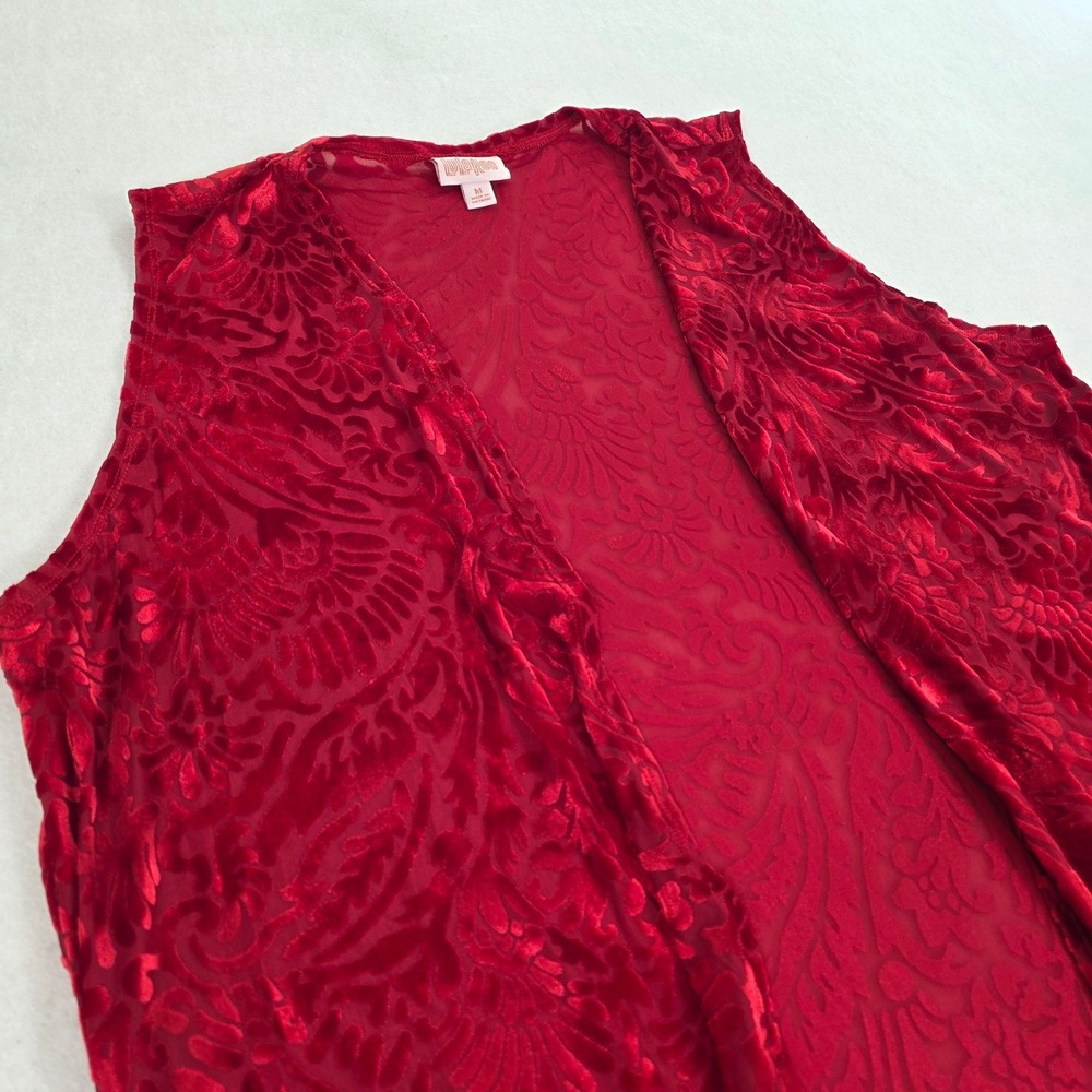 LuLaRoe Women Medium Vest Red Excellent Floral Burnout Velvet Sheer Open Front